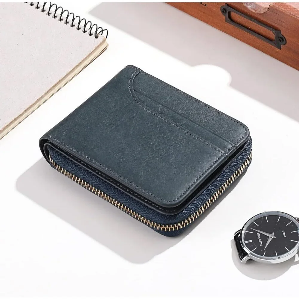 Men's A-Dark Blue Wallets Genuine Leather Front Around Zip Pocket Credit Card